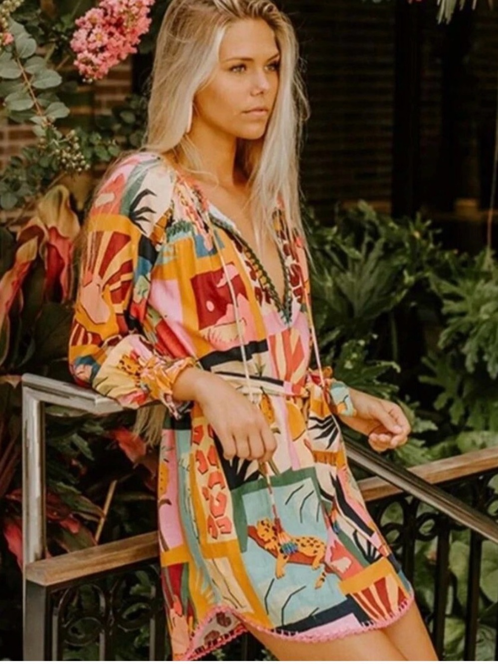 Farm Rio Vibrant Collage Multi-Color Printed V-Neck Tunic Dress